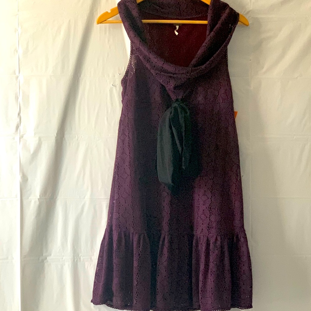 Free People Small Cowl Neck Purple Lace Dress w Black Tie